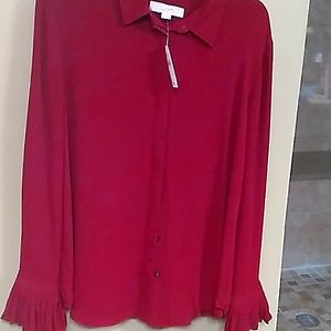 Burgady button down blouse with ruffled sleeves at wrist